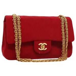 CHANEL Matelasse Chain Shoulder Bag Cotton Red Gold CC